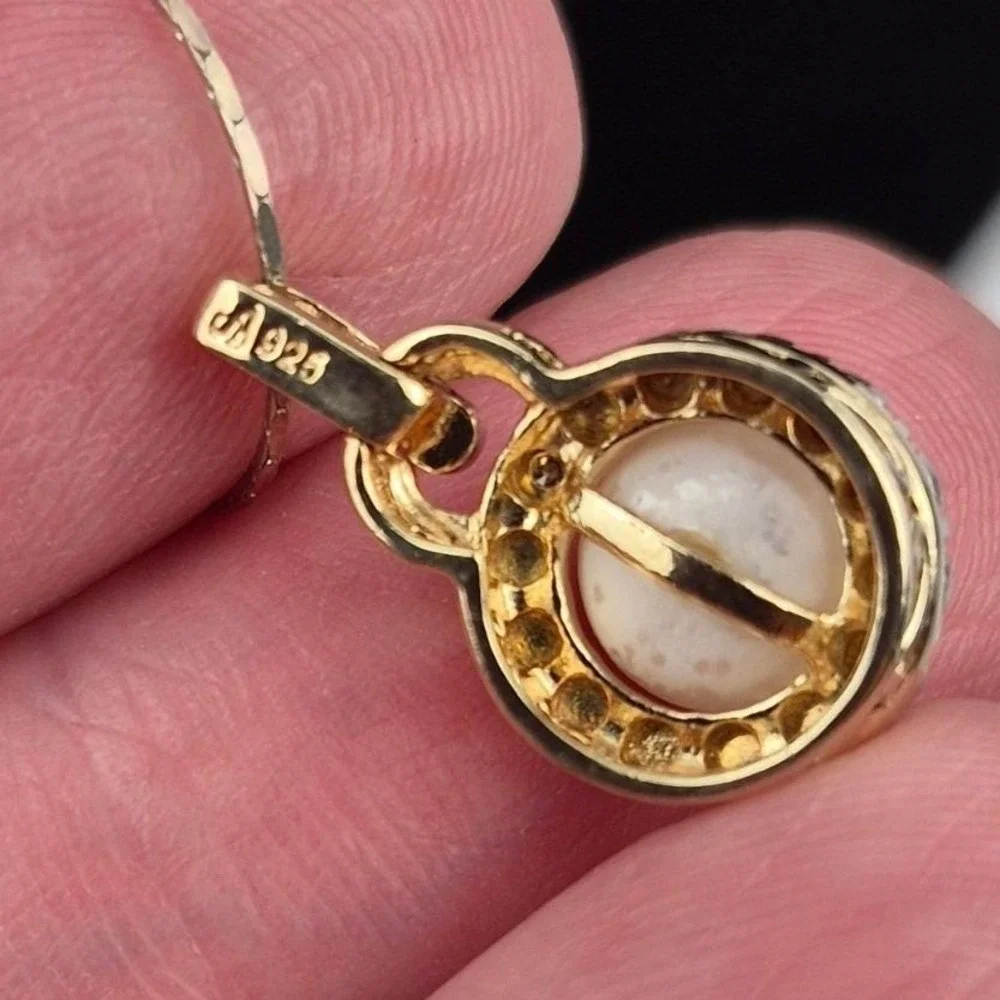VTG Italian 925 Silver Halo Pendant Necklace Pearl Clear Stone Dainty Estate 18